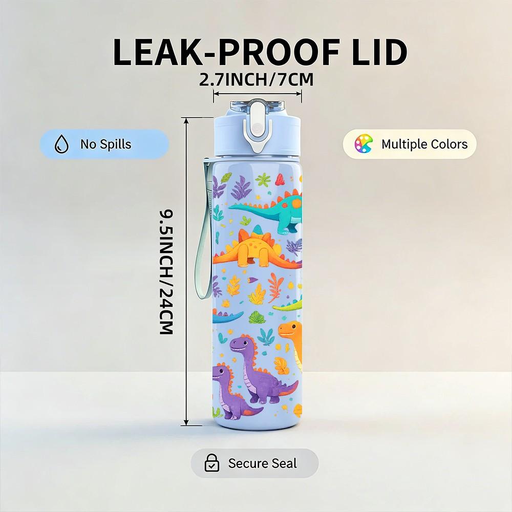 1PC Dinosaur Cartoon Colorful Sticker Print 750ml Color Plastic Sports Water Bottle Leakproof Flip Straw Lid Suitable for Sports Office Home Use