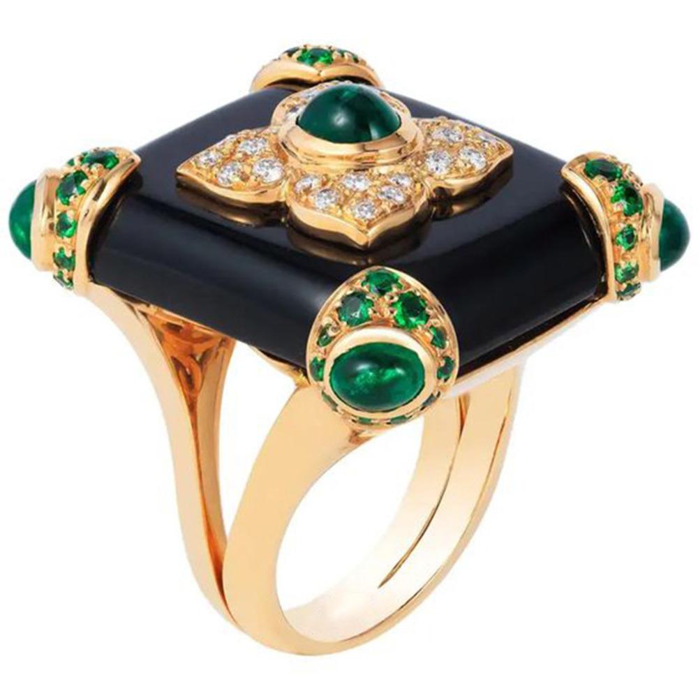 Wosikate Women'S Ring Vintage Emerald Glazed Black Onyx 18K Gold Plated Elegant Ladies Ring Wedding Jewelry Anniversary Gifts