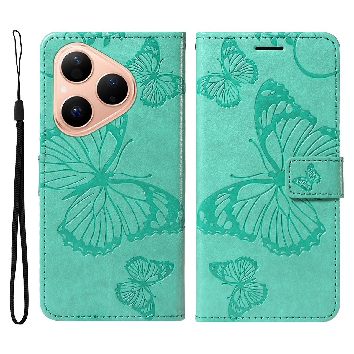 

For Huawei Pura 80 Wallet Case Floral Butterfly Imprint Leather Phone Cover Stand - Green