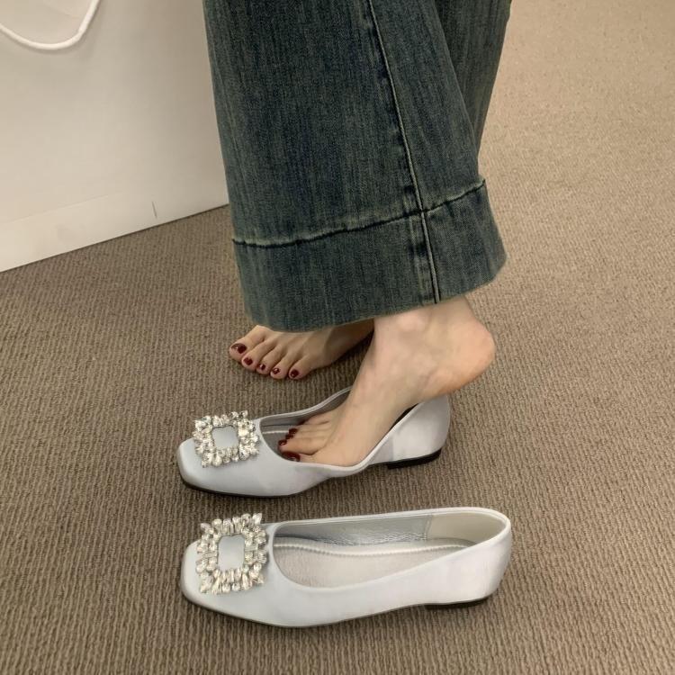 French flat-bottomed high-end rhinestone square buckle satin single shoes for women's spring 2025 new gentle wind evening shoes