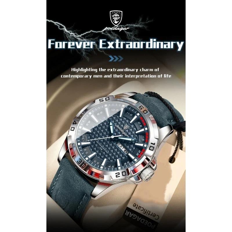 POEDAGAR Original Man Wristwatch Top Luxury Waterproof Luminous Date Week Watch for Men Quartz Sport Leather Watches Reloj