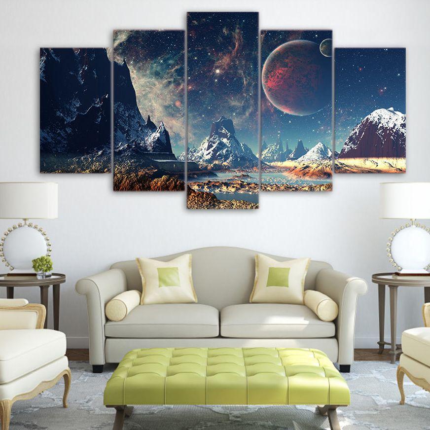 Kein gerahmtes Leinwandbild 5 Stück Weltraum Planet Schnee See Galaxie Wandkunst Poster Bilder Gemälde Heimdekoration für Wohnzimmer Dekoration
