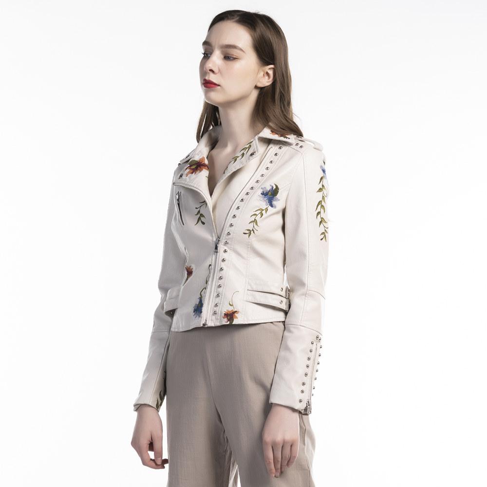 Turn-down Collar Pu Motorcycle Black Punk Outerwear Women Floral Print Embroidery Faux Soft Leather Jacket Coat