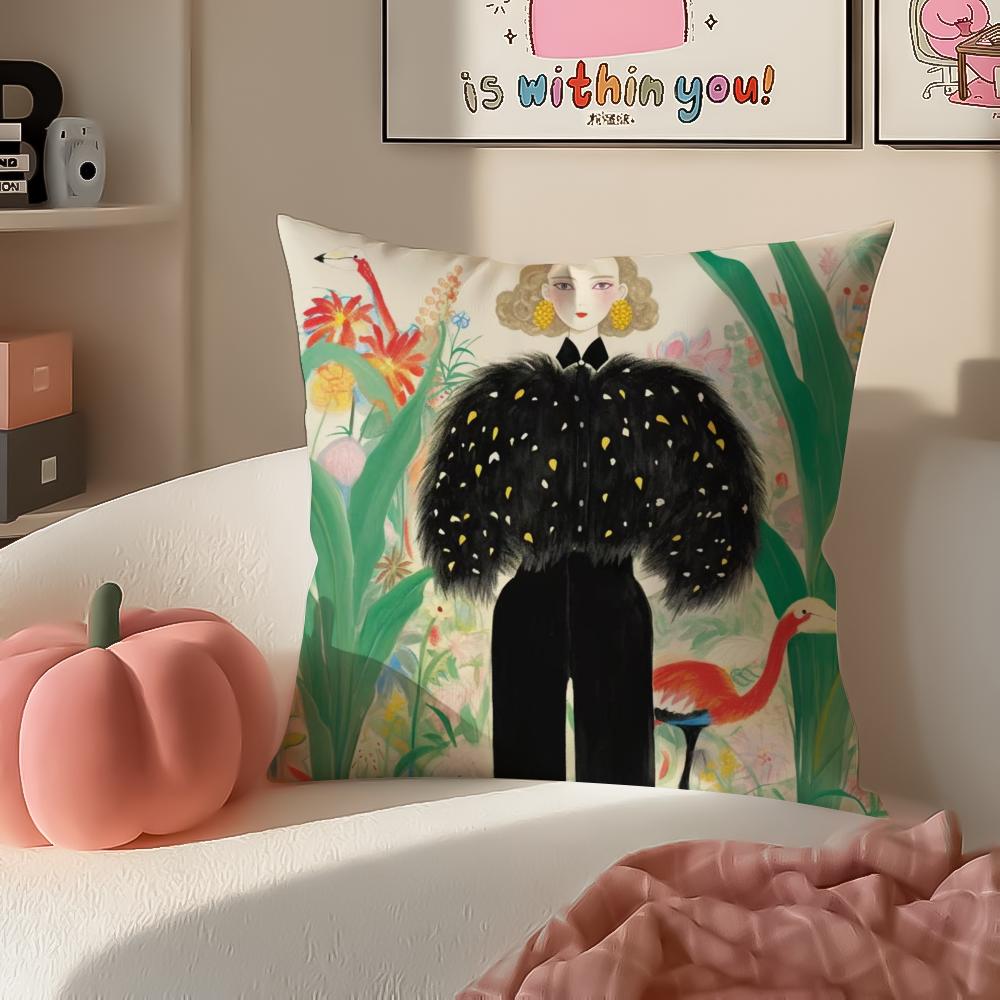 Fashion Illustration Cushion Cover Pillowcase Short Plush Invisible zipper Room Sofa Cushion Cover