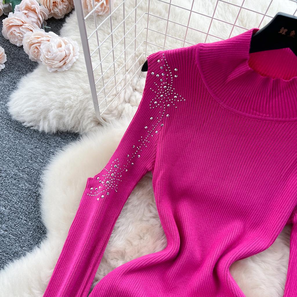Elegante strass con spalle scoperte manica lunga maglia aderente abito tubino slim basic moda maglione vestido abbigliamento invernale sexy