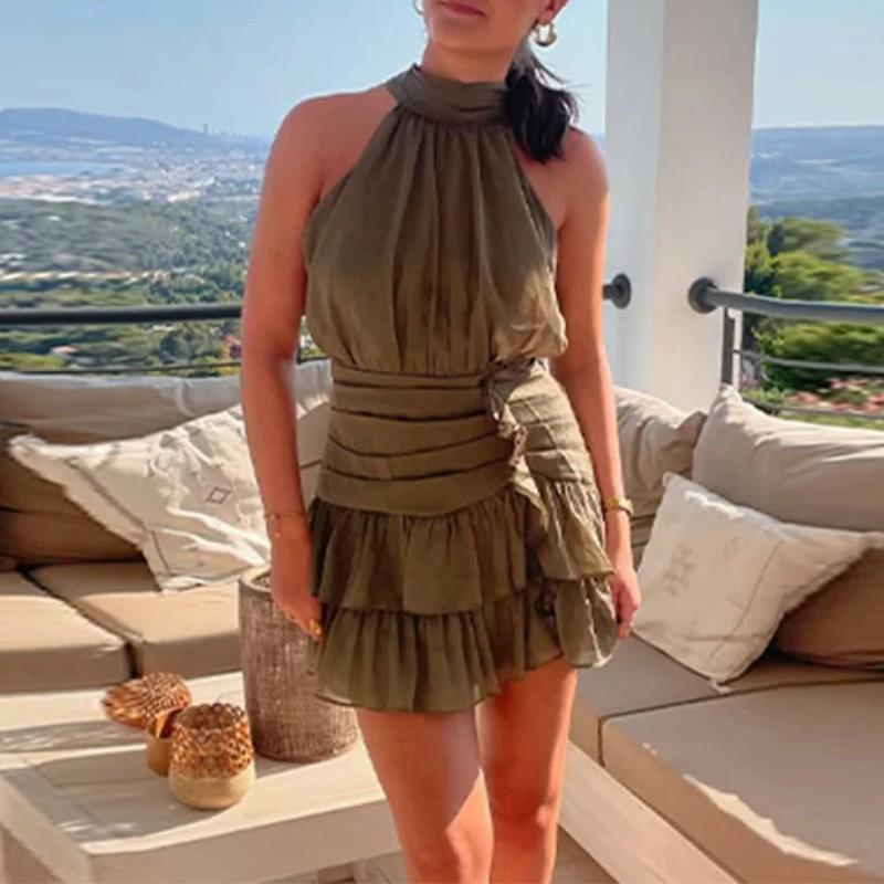 

European American Women s Clothes Hanging Neck Shoulder Shoulders Waist Folded Pleated Ruffled Dress M зелений