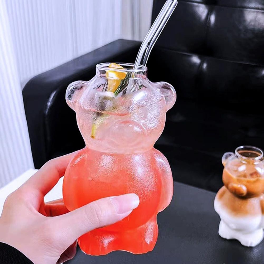 2-Pack 320ml High Borosilicate Glass Bear Shaped Straw Cup Cute Cartoon Beverage Cups for Coffee Juice Milk Tea
