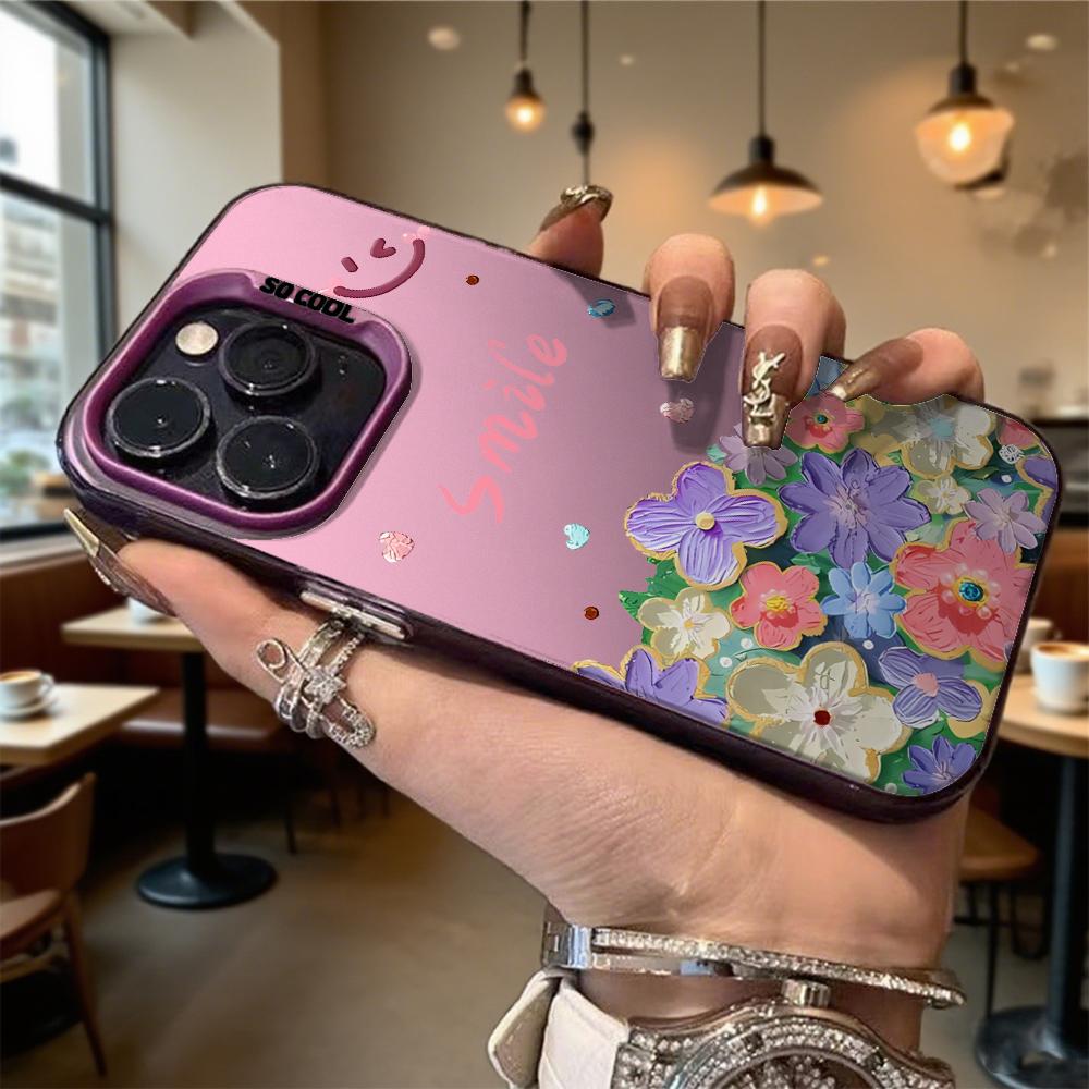 Smile with Colorful Flowers Hard Phone Case for Iphone 16 15 14 13 12 11 Pro Max Mini Shockproof Anti-Scratch Protective Cover