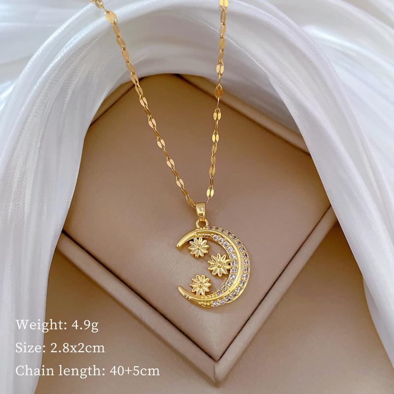 Crescent Moon Flower Full Diamond Light Luxury Temperament Gorgeous Full Diamond Necklace Female Versatile Collarbone Chain Titanium Steel Chain