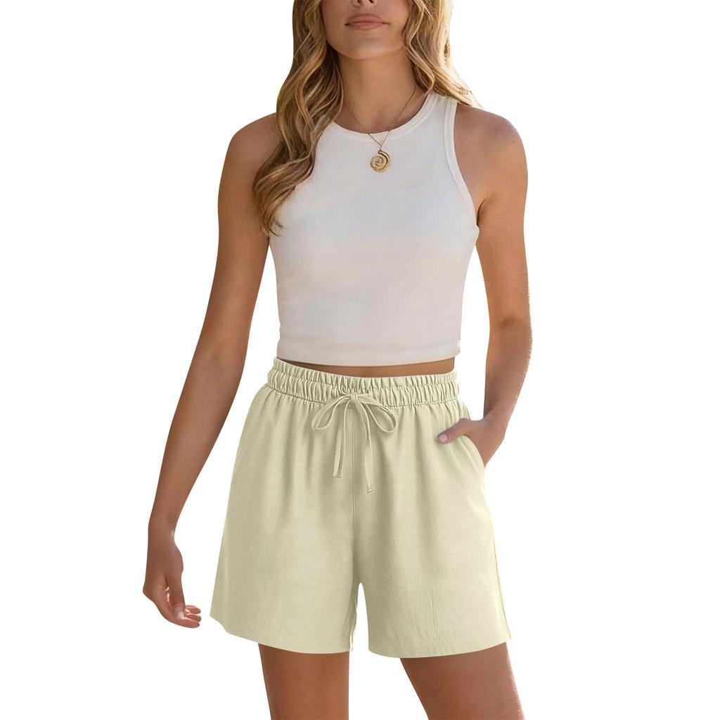 Women's Soft Cotton Linen Shorts Pockets Soft Button Closure No Zipper Slim Fit Shorts