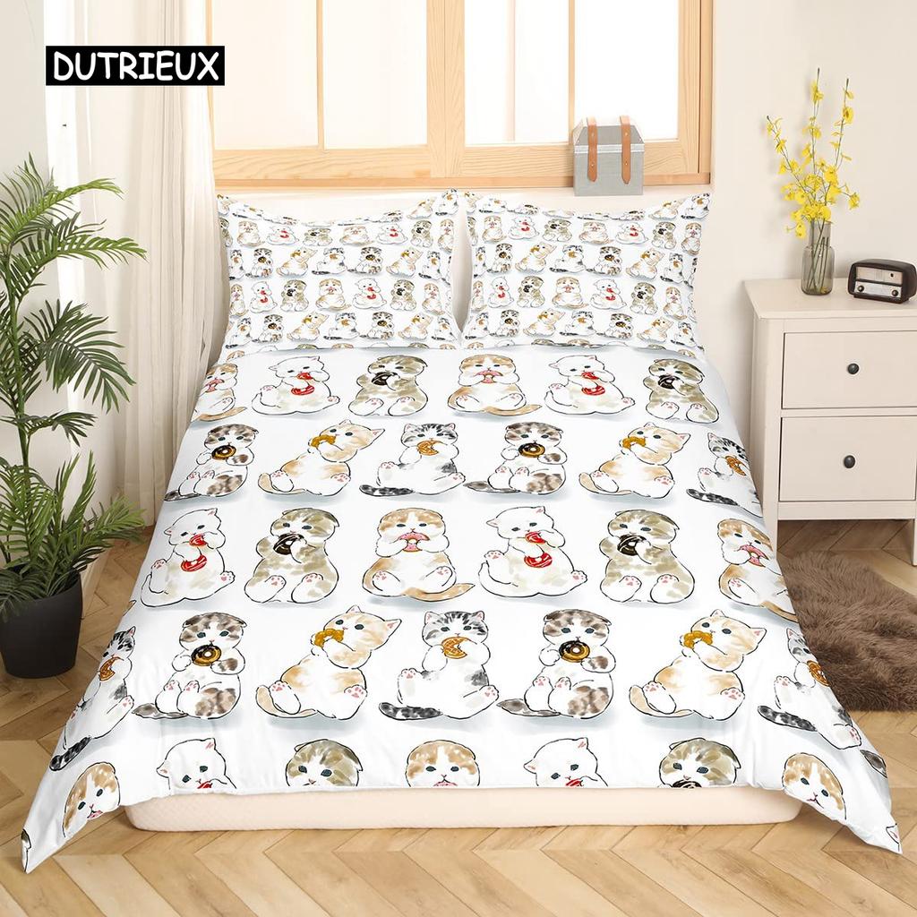 Sada povlečení na peřinu s kreslenou kočkou, sada ložního prádla s kresleným zvířecím potiskem a povlakem na polštář, 2/3dílná přikrývka do ložnice