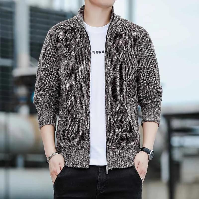 Men's Casual High Collar Long Sleeve Knitted Top with Velvet Warmth for Autumn and Winter Fashion Multi Functional Jacket