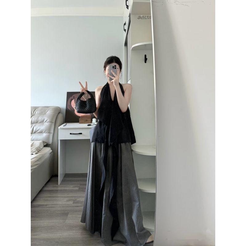 Kumikumi French Style Temperament Hanging Neck Ribbon Vest Top Women Clothes Summer Slimming Skirt Long Dress Two-piece Set