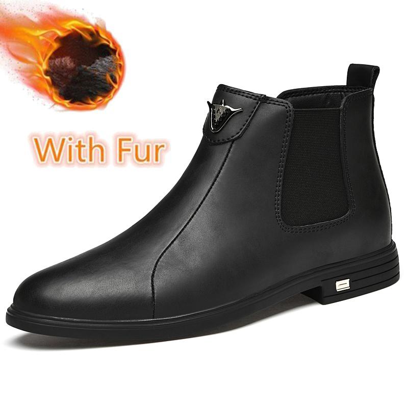 Zimní plyšové teplé pánské Chelsea boty Formální Business Vysoké boty Britský styl Pravá kůže Pánské Svatební boty Kotníkové boty