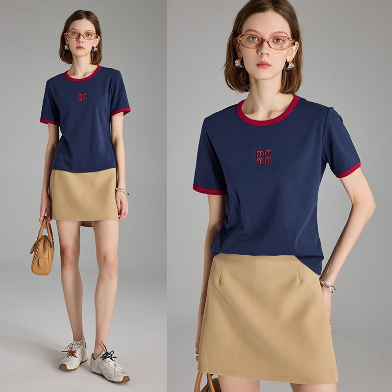 Wudao Women s American Retro Contrast Collar Embroidered T-Shirt S