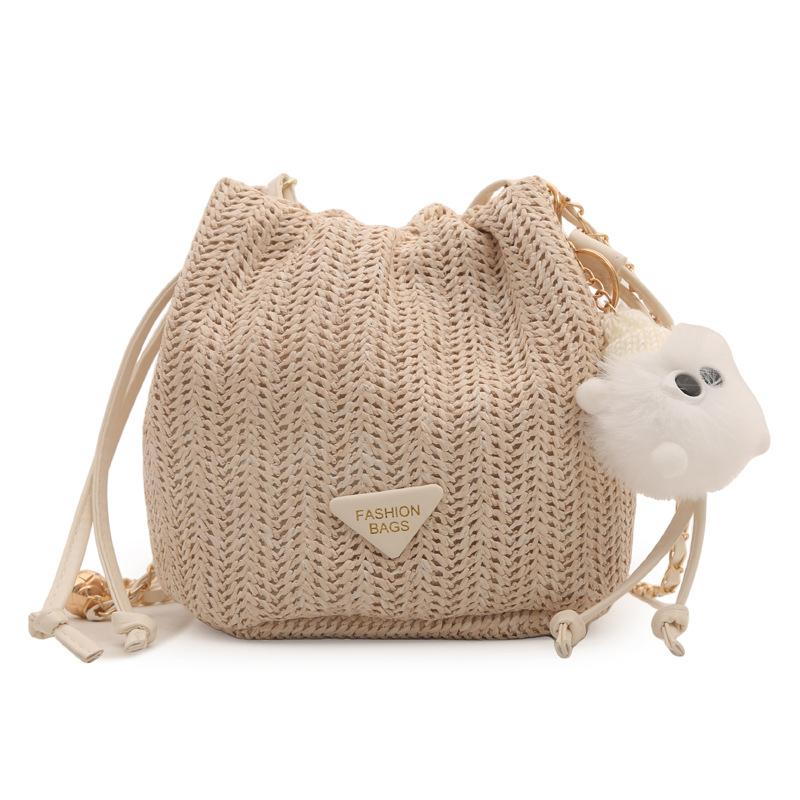 Drawstring fashion Korean version casual bag 2025 spring and summer new foreign style shoulder messenger bag straw bucket bag women's bag tide