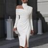  European and American Women's Clothing Cross-border Autumn and Winter New Solid Color Elegant Slim Asymmetrical Neckline Pleated Dress