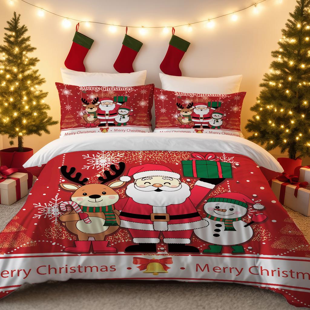 Husă de plapumă din trei piese Lenjerie de pat de Crăciun Față de pernă cu Moș Crăciun Husă de plapumă