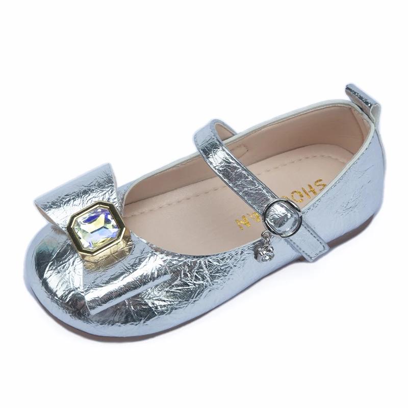 Kids Leather Shoes with Crystal Bow Girls Princess Shoes Solid Color Versatile 2024 New Children Flat Shoes Round Toe Soft Sole