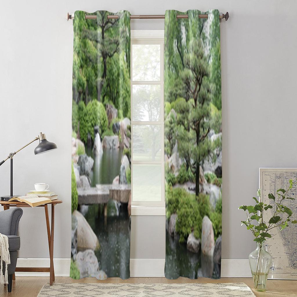 Fenstervorhänge mit Motiv „Ein Teich in einem japanischen Garten“ für Wohnzimmer, Schlafzimmer, Luxus, moderne Küchenvorhänge, Stoffvorhänge