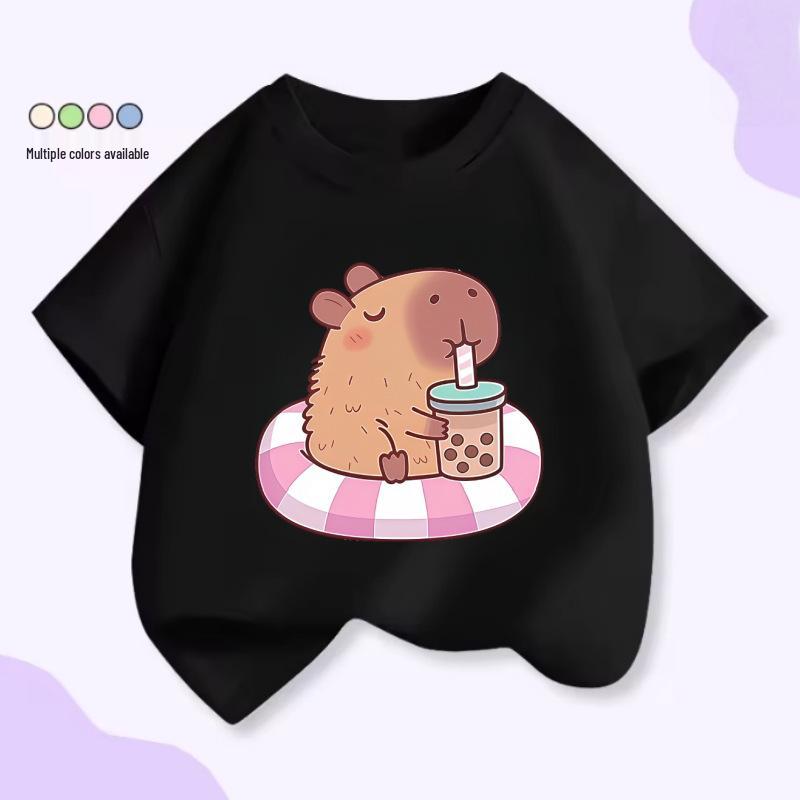Unisex Kids’ Cute Capybara Milk Tea Cartoon T-Shirt - Loose Summer Casual Short Sleeve Top