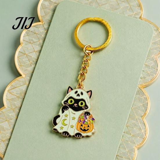 Handbags Key Chain Halloween Cartoon Black Cat Keychain, Glow-in-the-Dark Ghost Costume Decorative Zinc Alloy Pendant Keyring, Enamel Kitten Backpacks
