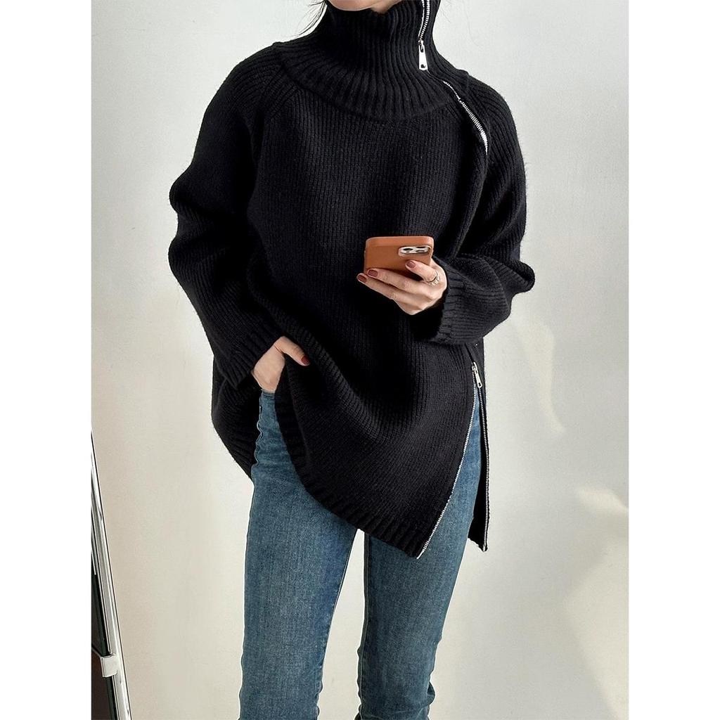 DIMANAF 2025 Autumn Women Zipper Sweaters Lady Pullover Tops Female Turtleneck Knitted Basic Solid Tees Red Sweaters