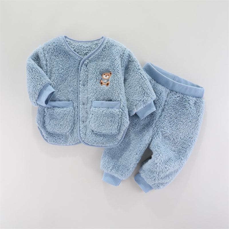 Kinder Flanell Set Herbst Winter Baby Mädchen Kleidung Mode Kleinkind Oberbekleidung Weiche Säuglingskleidung Warmer Baby Jungen Anzug 73cm blau