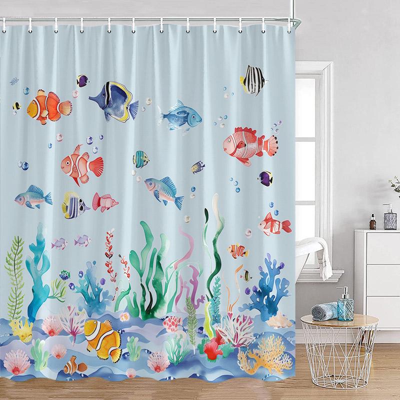 Blaue Meeresschildkröte Duschvorhänge Aquarell Seestern Fische Seegras Ozean Badevorhang Set Stoff Heim Badezimmer Dekoration mit Haken
