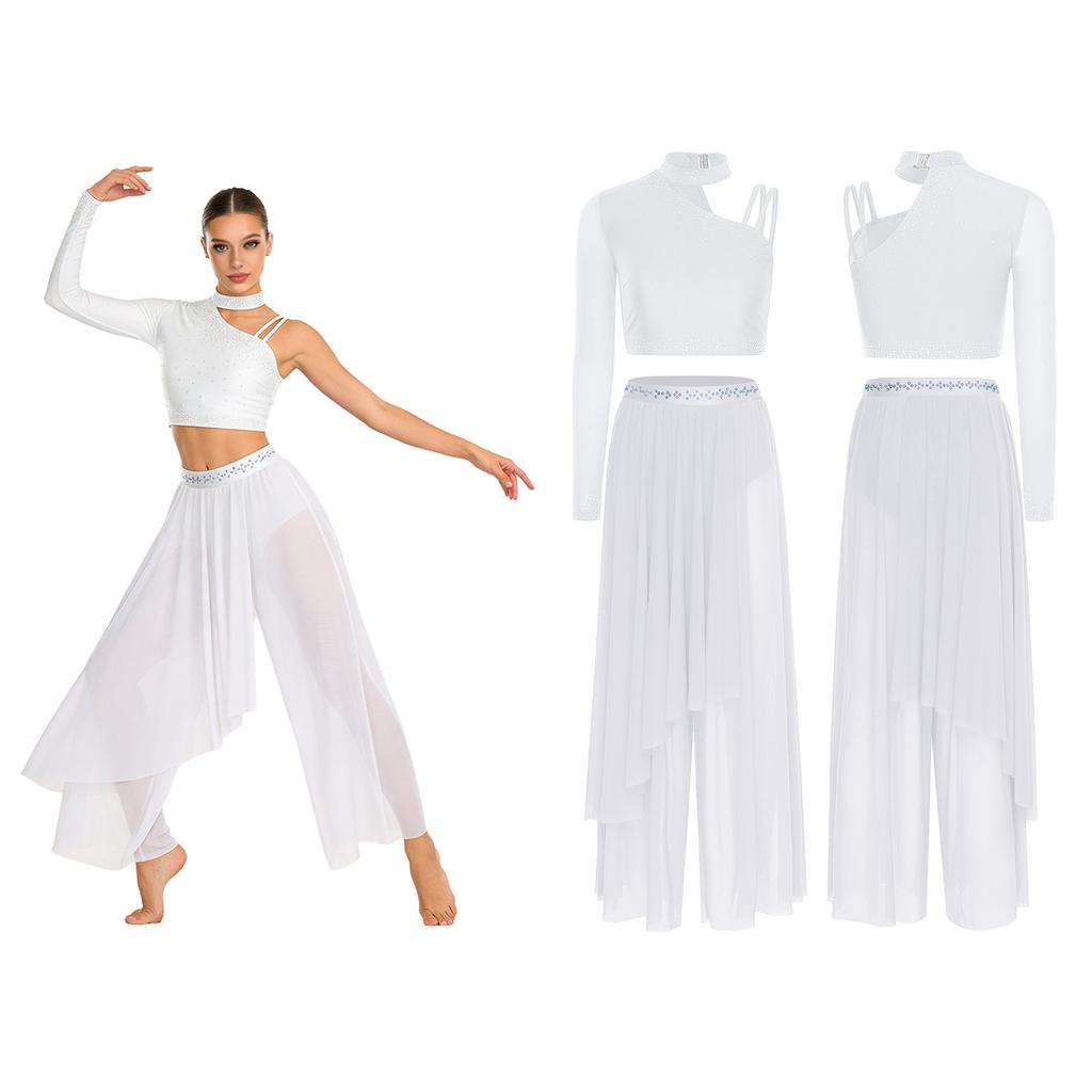 Damen Lyrisches Tanz Performance Set S-XXL: Asymmetrisches Crop-Top mit einem Ärmel, Strasssteinen & locker sitzende Überwurfhose