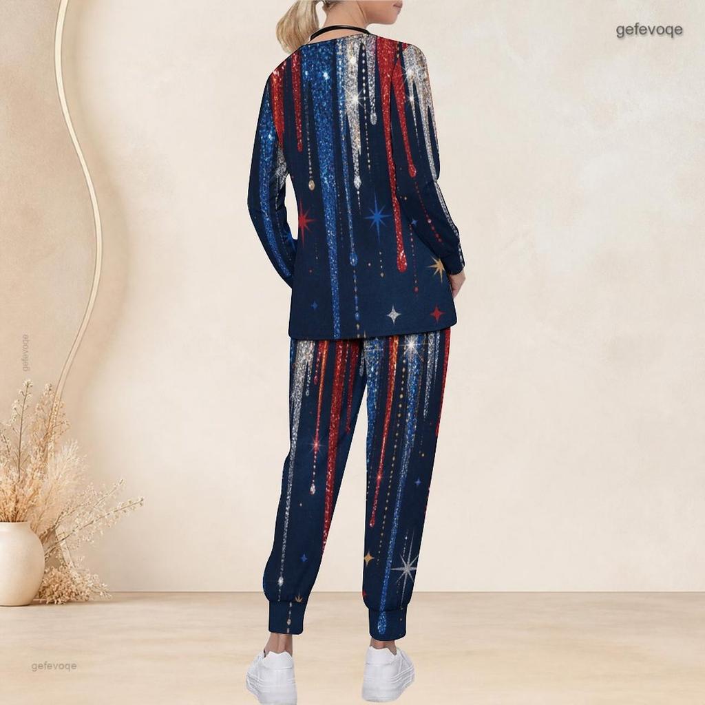 Women Plus Size V Neck Long Sleeve Scrub Set Vintage American Flag Star Stripe Print Nurse Uniform Set
