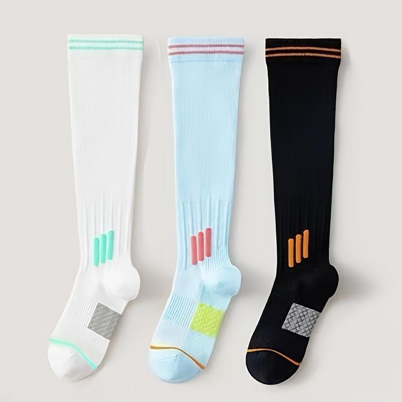 3Pairs Women S Sports Socks, Compression Slimming Calf Socks, Summer Thin Professional Sports Running Jump Rope Fitness Yoga Compression Socks, Mid White+Black+Blue