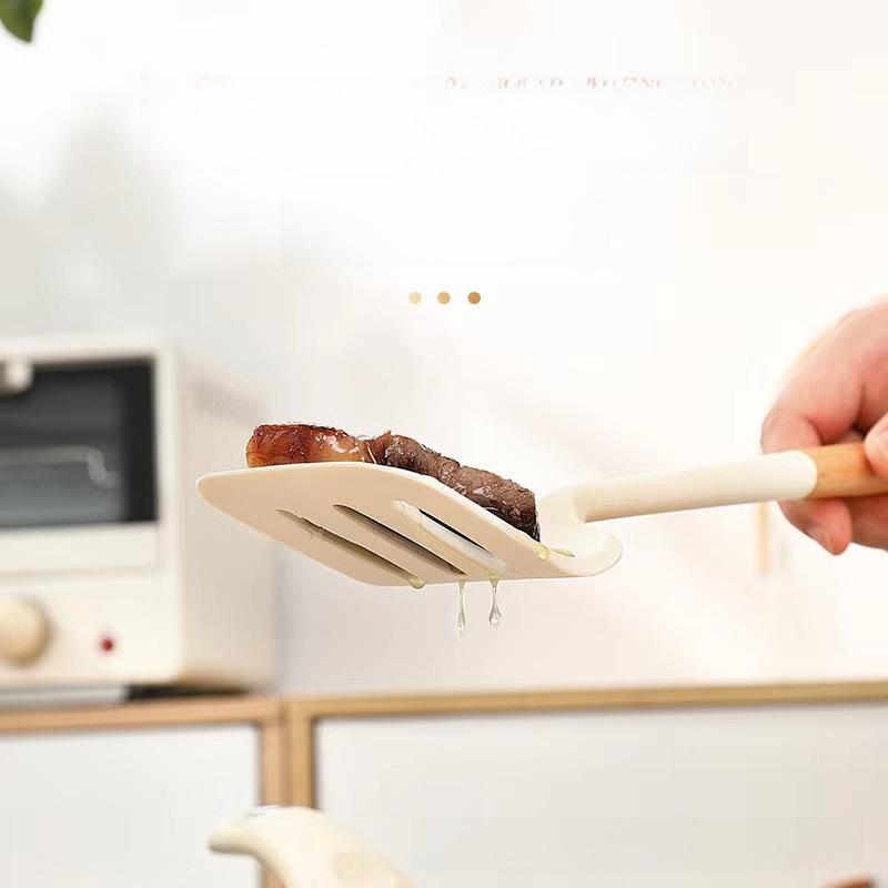 6-teiliges Küchenutensilienset aus Massivholz und Silikon: Hitzebeständige, antihaftbeschichtete Kochutensilien mit Aufbewahrung