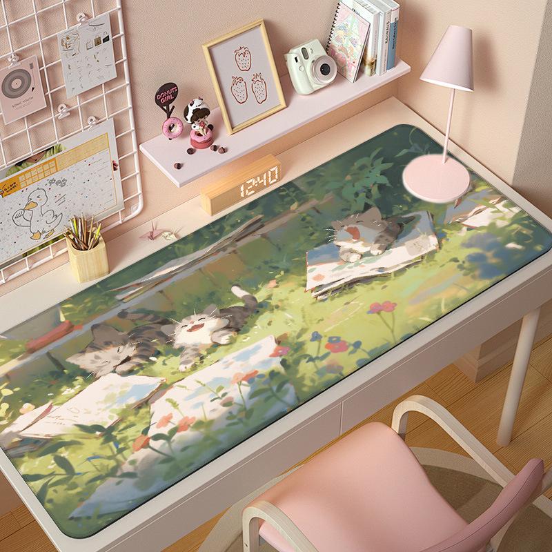 Extra Large Cute Cat Cartoon Mouse Pad with Stitched Edges - Aesthetic Desk Mat for Girls