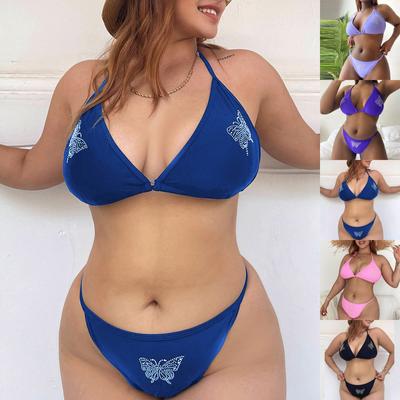 Plus Size Two Piece Swimsuit Women Solid Color Backless Bikini Set Adjustable Straps High Cut Bottom Beachwear Swimwear