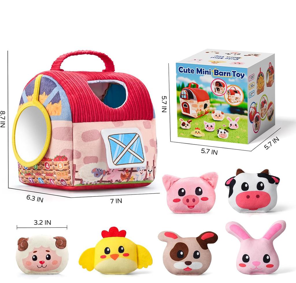 Baby Toys 6-12 Months, Barn Toys with Stuffed Farm Animals for Toddlers 1-3 Baby Plush Beehive wtih Rattles Squeaker Mirror