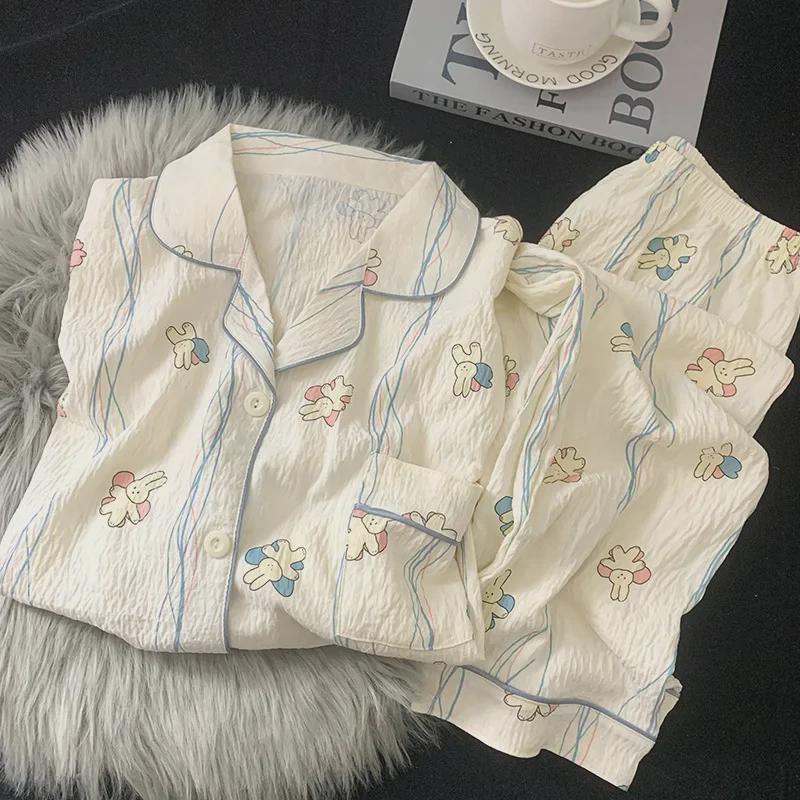 "Dámské bavlněné pyžamo s třešňovým medvídkem - Jaro/Podzim, Dlouhý rukáv, Roztomilý kreslený svršek"