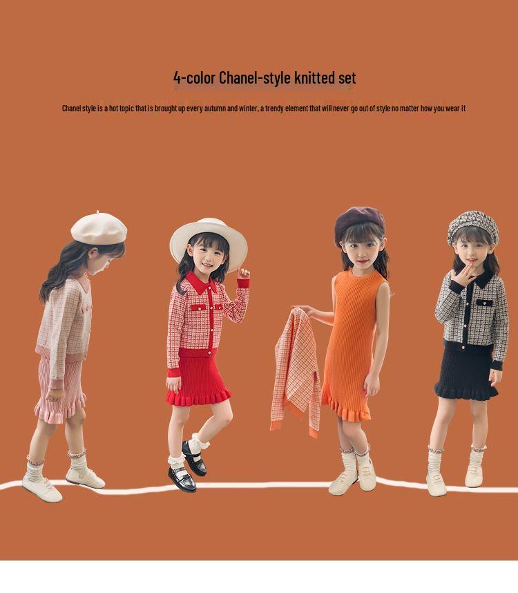 Dívčí dvoudílný módní podzimní/zimní 2022 pletený svetrový a sukňový set