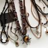 Vintage Leather Brown Stone Sun Pendant Beaded Choker Clavicle Chain Necklace For Women Unique Personalized Grunge Jewelry