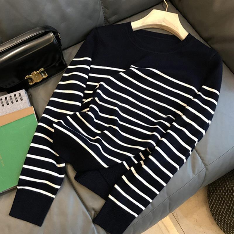 Women's Black & White Striped Korean-Style Sweater 2025 - Long Sleeve Knit Pullover for Autumn/Winter