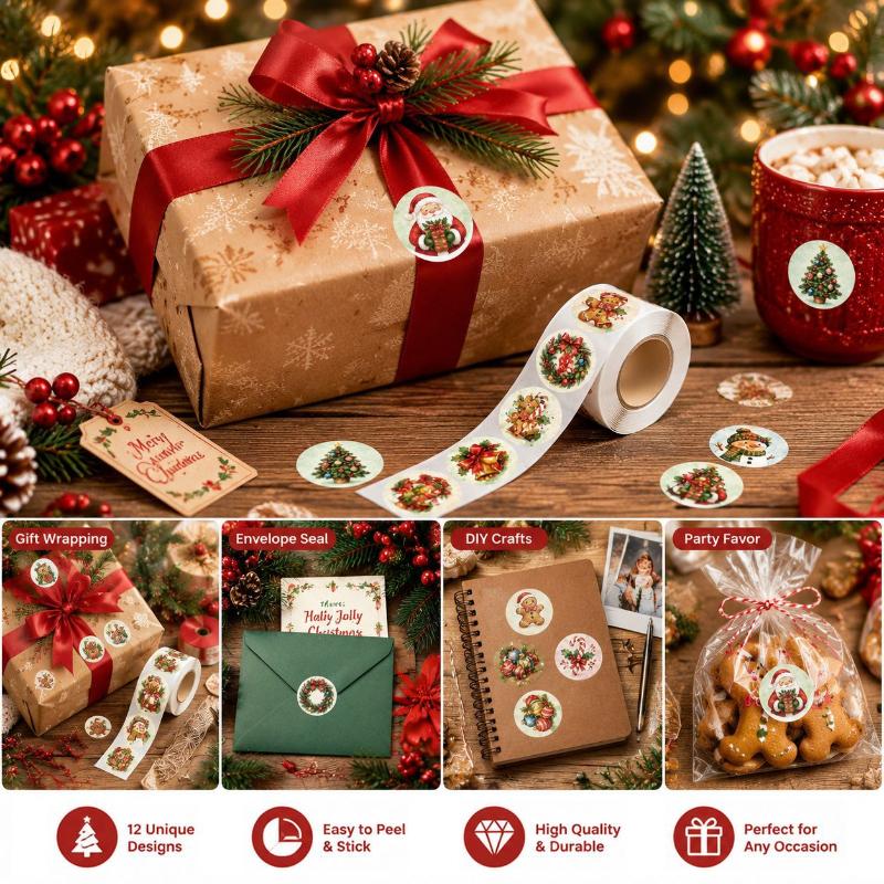 500Pcs Round Christmas Stickers Merry Holiday Self Adhesive Sealing Labels Xmas Festive Pattern For Gift Box Envelope Packaging