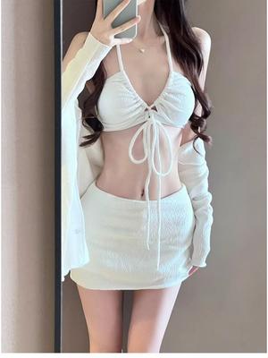 2025 White Fashion Slim Swimsuit Women Solid High Waist Skirt Bikini Set V-neck Suspender Backless Summer Beach Bathing Suit Sexy Outfits