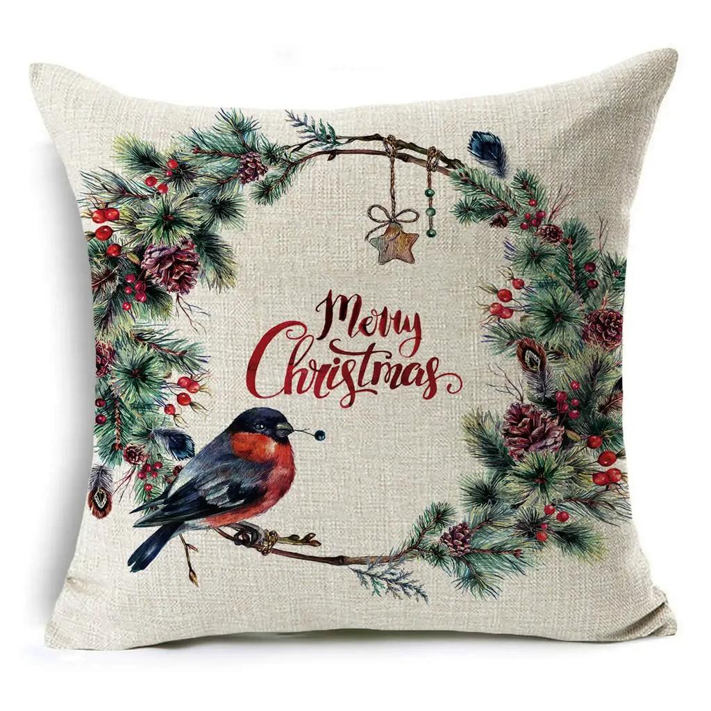 45*45Cm Merry Christmas Cushion Cover Birds Garland Pillowcase Single Sided Print Polyester Sofa Pillow Case For Home Xmas Decor