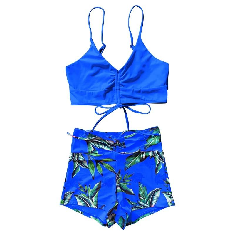 High Waist Bikini Set für Damen Zweiteiliger Badeanzug Bauchkontrolle Rüschenoberteil & Shorts Bademode Strandurlaub Badeanzug