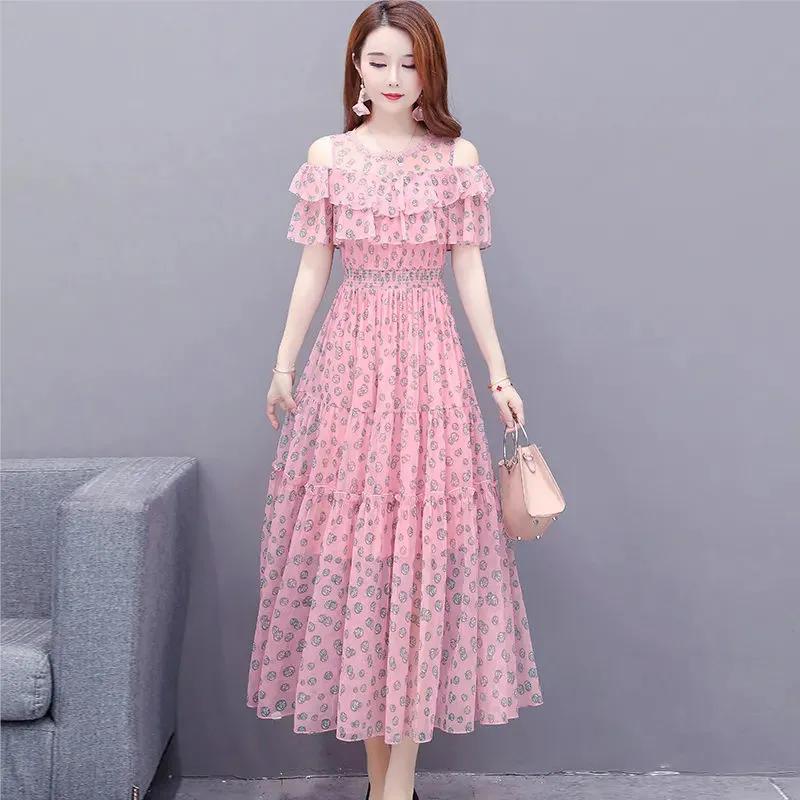 Women's Summer Elegant Off-Shoulder Beach Dress Chiffon Floral Print Knee-Length Dress