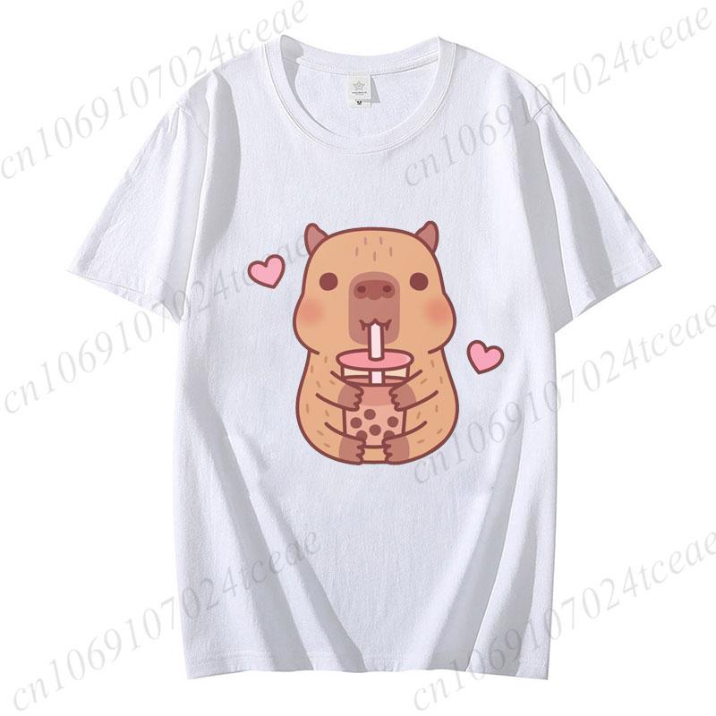 Cute Capybara Loves Bubble Tea Print Women Kids T-Shirt Summer Children's Short-sleeved Casual Pink Tops Adults Boys Girls Gifts