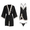 Women's Lace Deep V Backless Cami Sleep Dress with Tie Robe Lounge Set