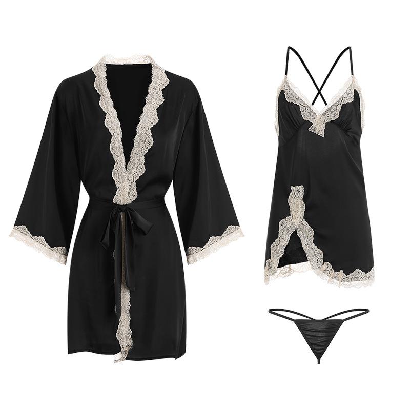 Women's Lace Deep V Backless Cami Sleep Dress with Tie Robe Lounge Set