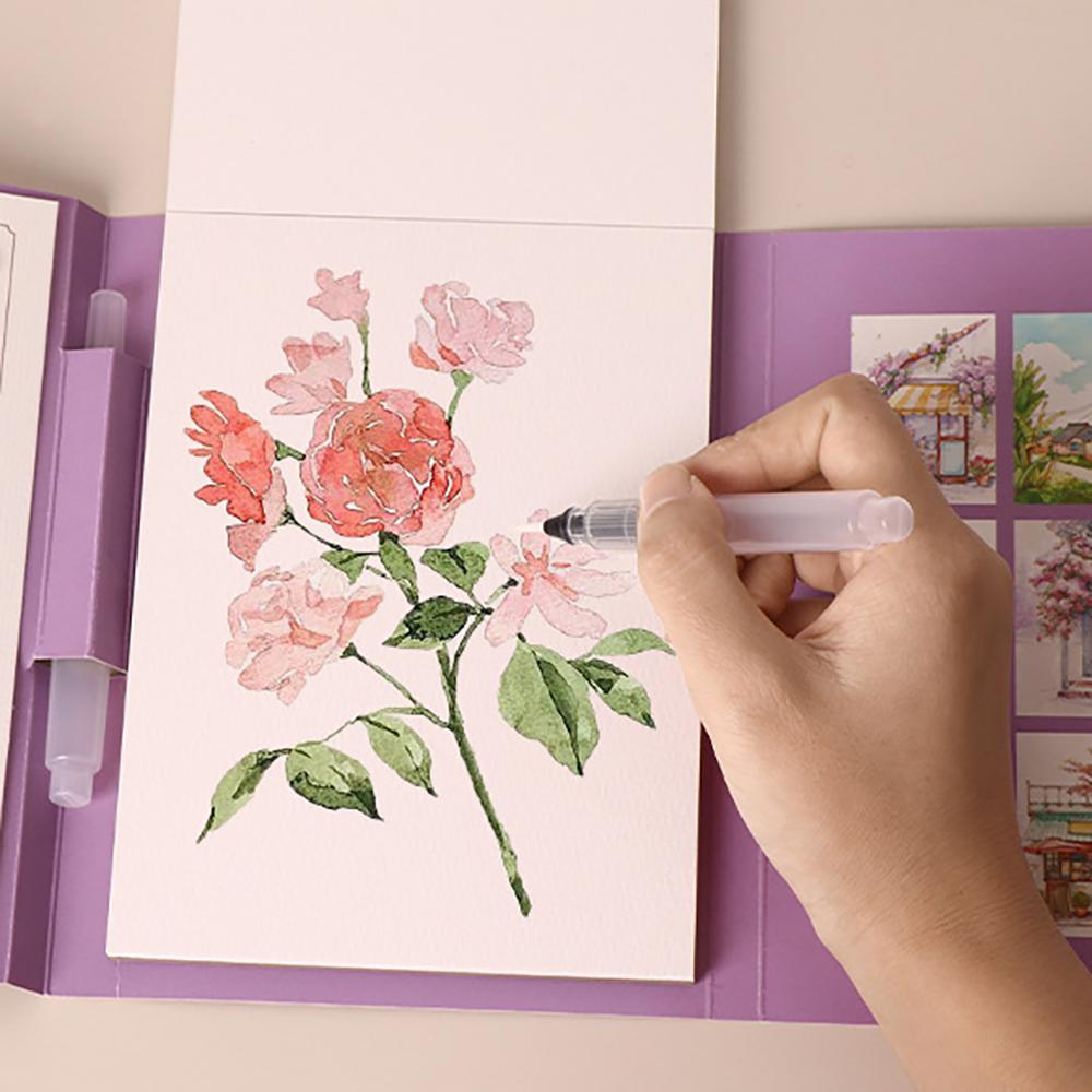 Travel Watercolor Painting Set with Tri-Fold Book, Built-in 12 Colors & Stress Relief Note Paper for DIY Art Therapy