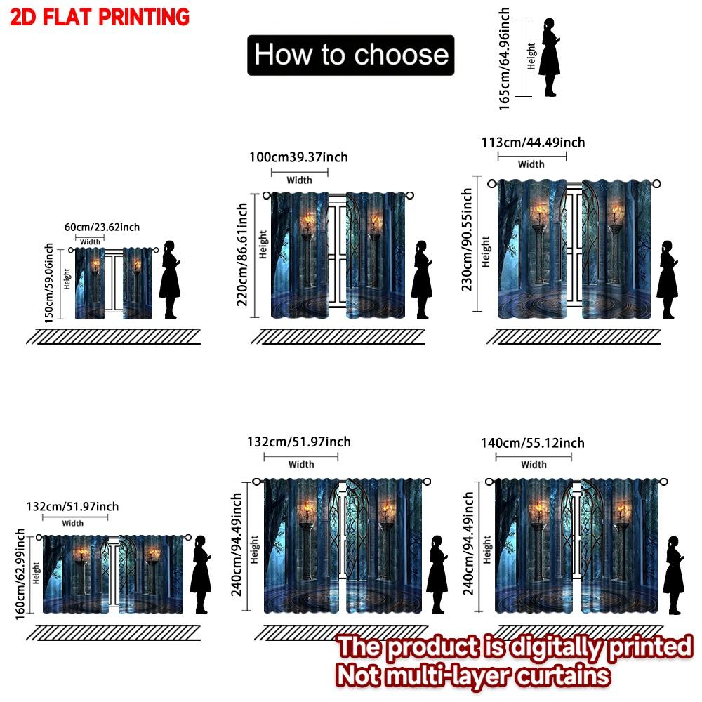 Set Of 2 Mystical Arch Window Curtains Enchanted Forest View Torchlight Ornate Floor Themed Bedroom Decor Curtain For Sleeping Area Made Polyester